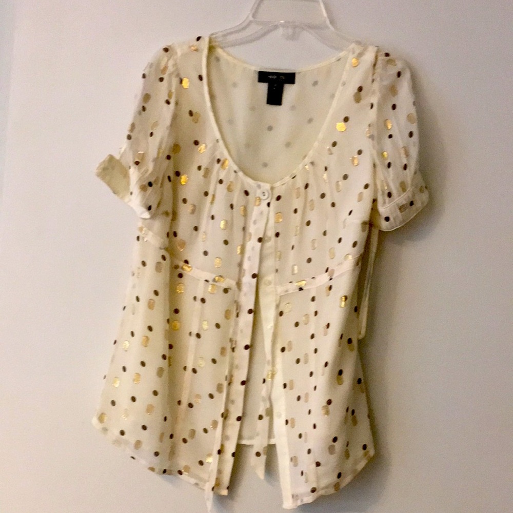 Silk (99%) short sleeved top. Lined. Size 8P.